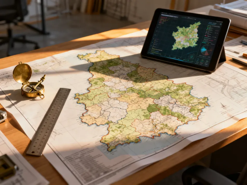 Mapa z podziałem administracyjnym na biurku z przyborami kreślarskimi i tabletem, symbolizująca pracę z rejestrem gruntów.