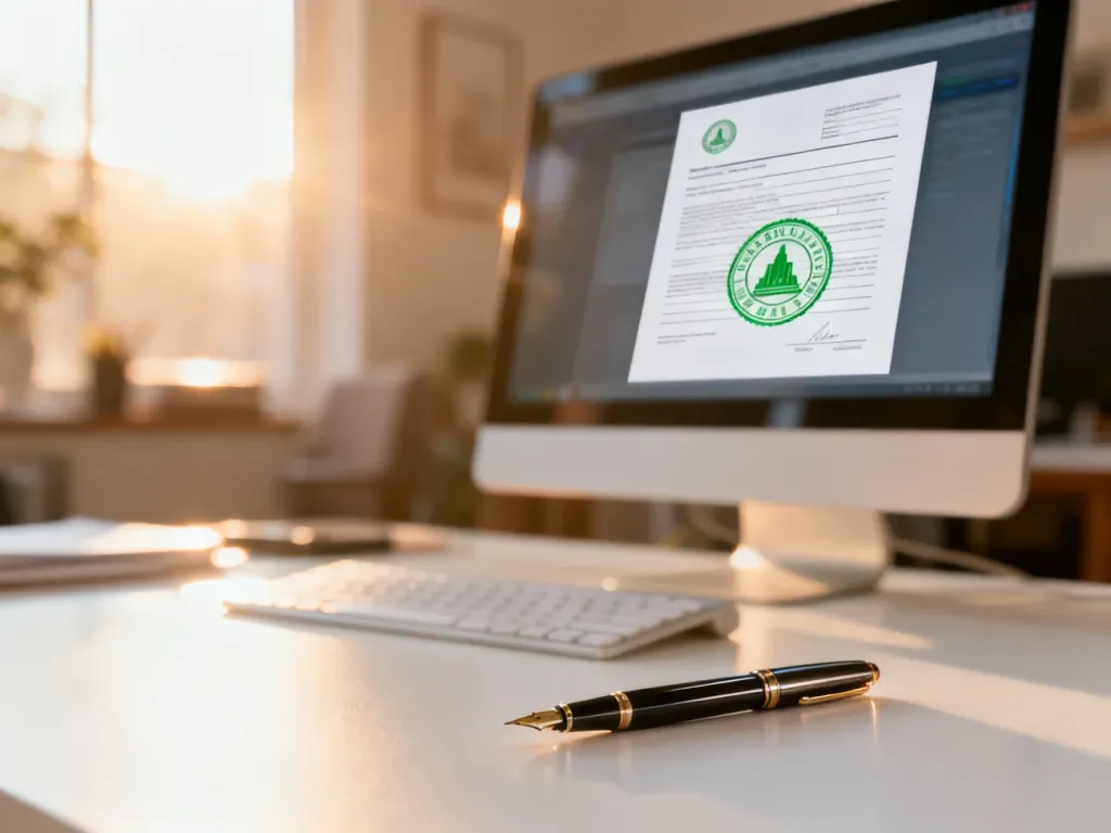 Monitor wyświetlający cyfrowy dokument z zieloną pieczęcią urzędową oraz pióro na biurku, symbolizujące potwierdzenie odbioru.