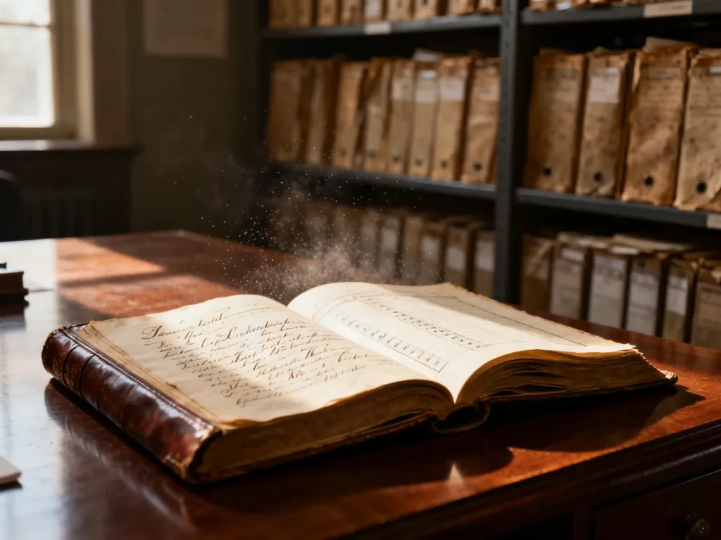Otwarta księga archiwalna z dawnymi wpisami na mahoniowym biurku w tle biblioteki. Ilustracja do artykułu o rejestrze zgonów.