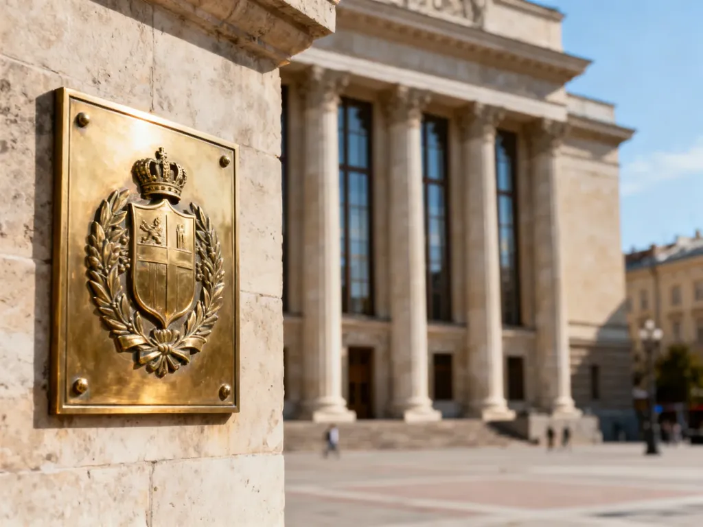 Reprezentacyjny budynek urzędu wojewódzkiego z kolumnadą i mosiężnym godłem na pierwszym planie.