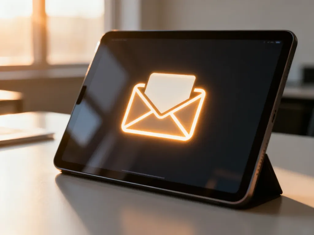 Ekran tabletu z ikoną załącznika e-mail na tle minimalistycznego biura w świetle poranka.