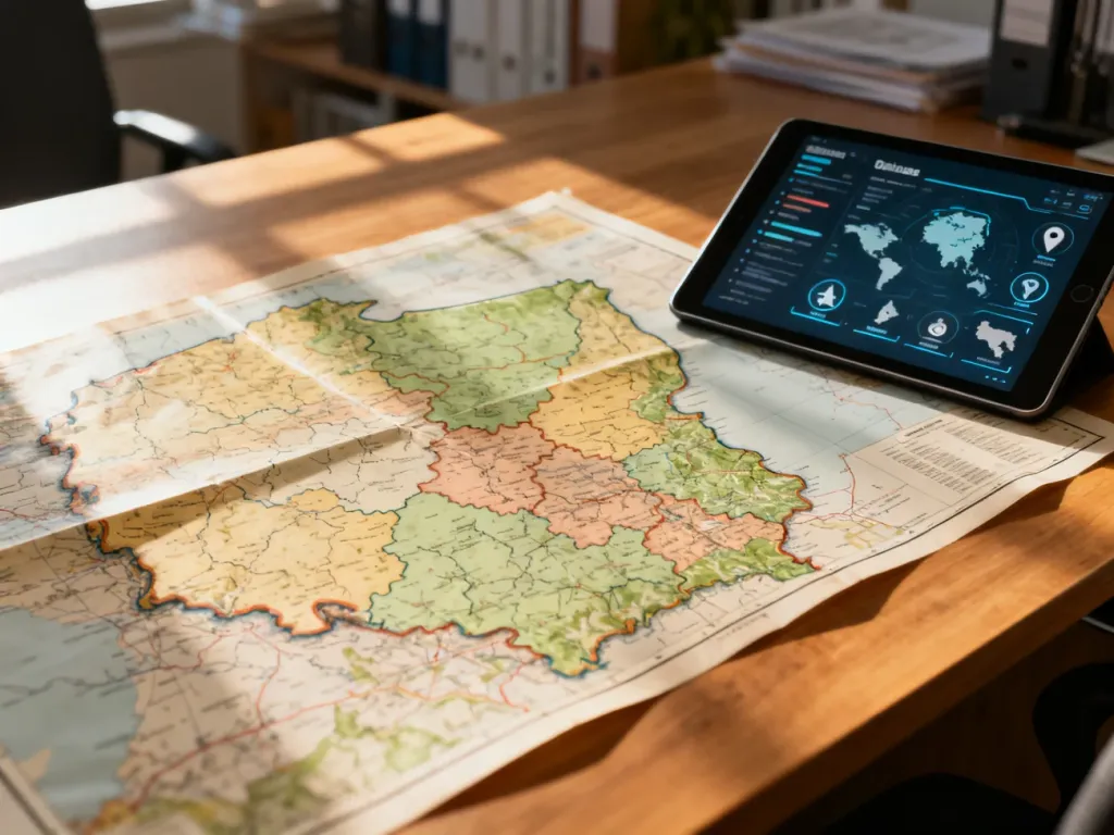 Stara mapa administracyjna Polski obok tabletu z cyfrową bazą danych, symbolizująca przejście od papierowej dokumentacji do TERYT.