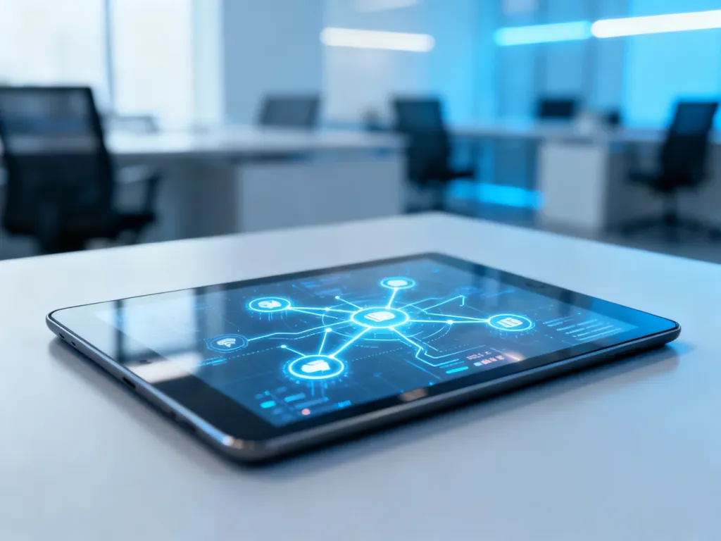 Tablet z nowoczesnym interfejsem cyfrowym i ikonami sieci, symbolizujący sprawność i przejrzystość e-usług publicznych.