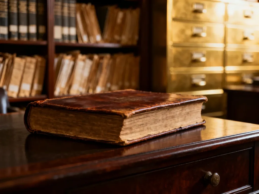 Stara księga archiwalna w skórzanej oprawie na tle regałów z dokumentami, symbolizująca prowadzenie rejestrów państwowych.