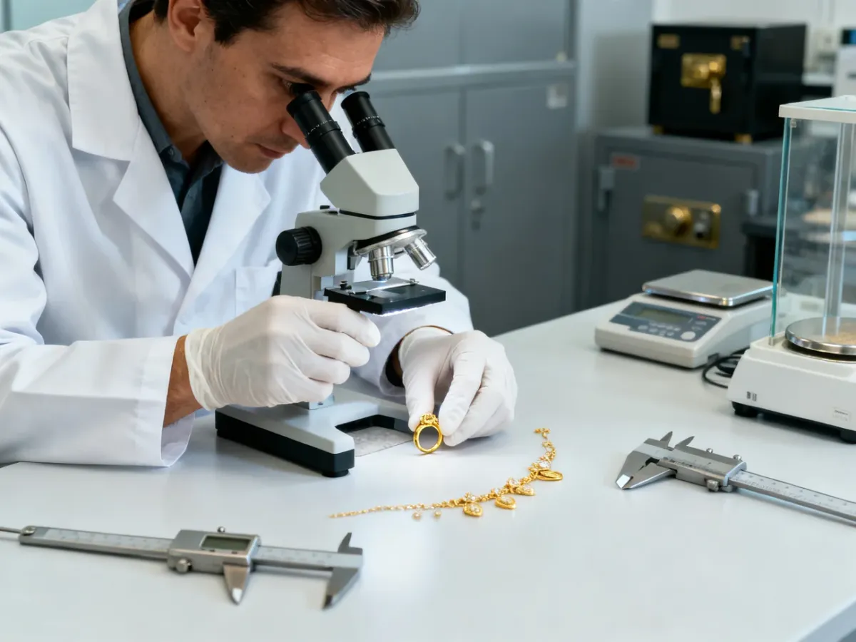 Laboratory technician examining gold jewelry to verify its precious metal content