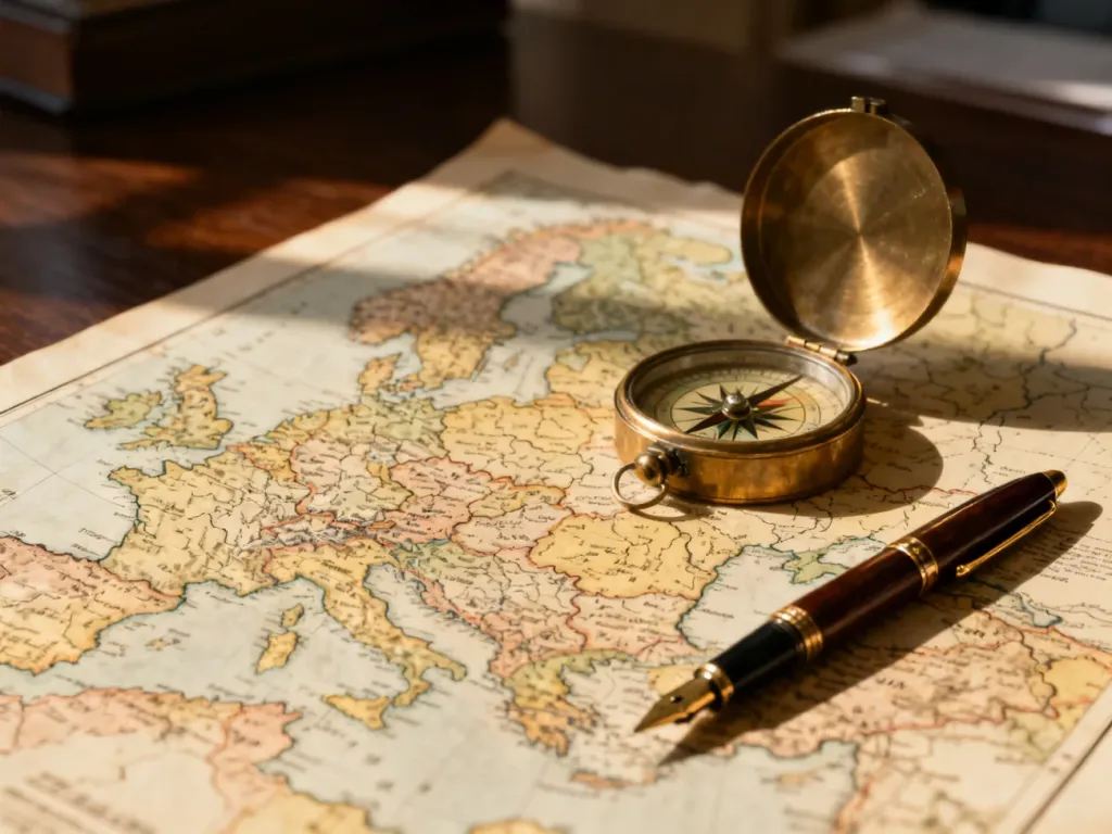 Antyczna mapa z zaznaczonymi granicami administracyjnymi, mosiężnym kompasem i piórem wiecznym na drewnianym biurku.